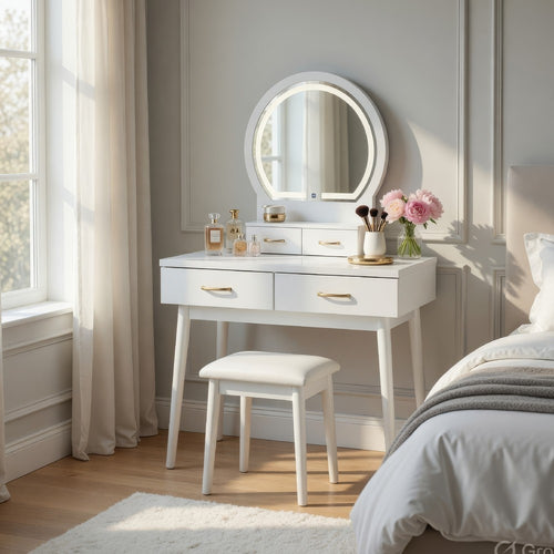 3pc Vanity Set with LED Mirror | Cushioned Stool | 2 Drawers | White