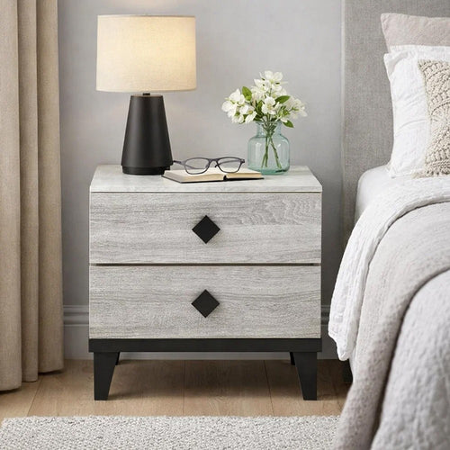 Bedside Nightstand | 2 Drawers | Black Diamond Knobs | Textured Cream
