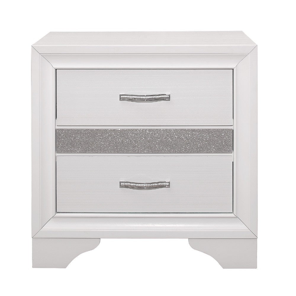 Nightstand with 2 Drawers | Silver Glitter Accents | Glam White