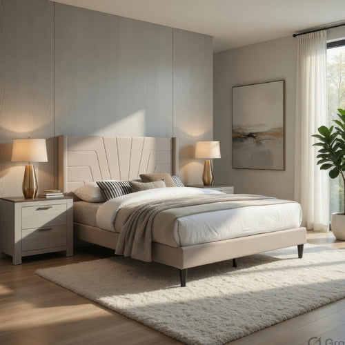 Queen Size Platform Bed | Geometric Tufted Upholstery | Light Brown