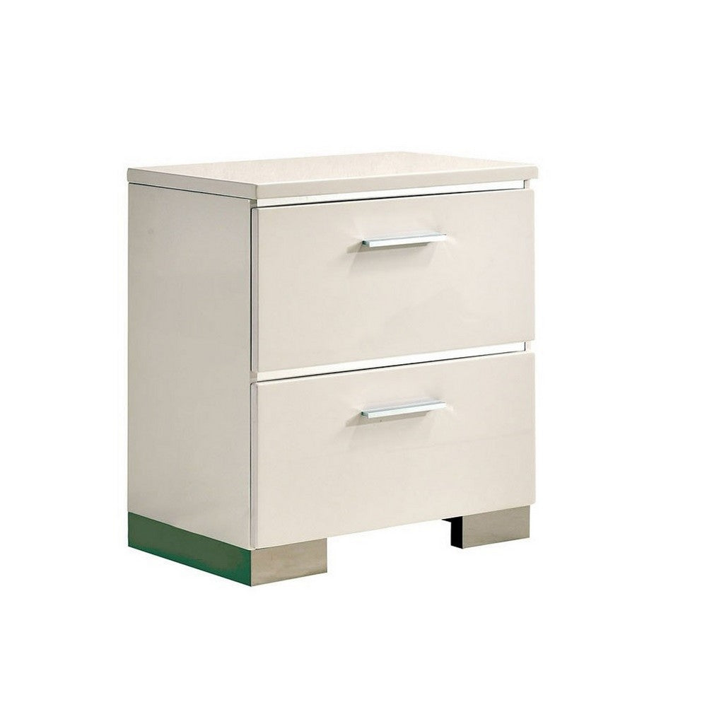 Nightstand with Chrome Metal Accents | USB Port | 2 Drawers | Gloss White