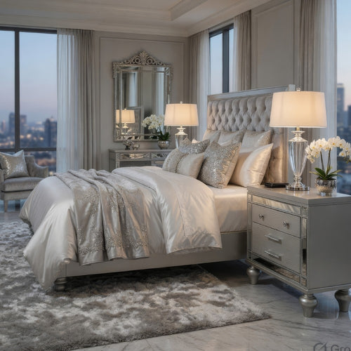 Nightstand | 2 Snakeskin Embossed Drawers | Mirror Front | Classic Silver