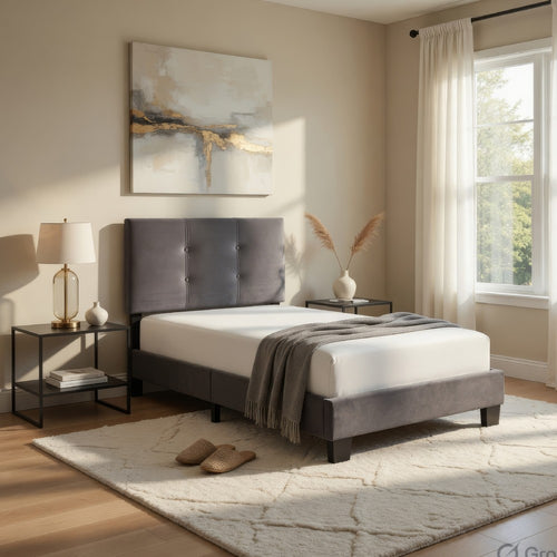Berry Twin Platform Bed | Adjustable Headboard | Gray Velvet Upholstery