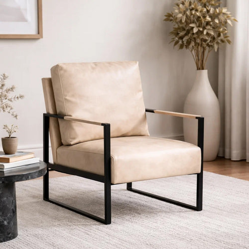 Kriya Accent Lounge Armchair | Black Metal Frame | Light Camel Microfiber
