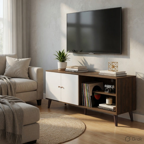 Donna TV Stand Media Console with 2 Door Cabinet | Walnut-White Wood 63"