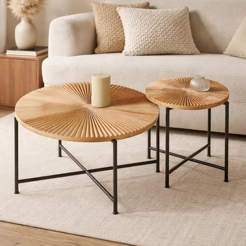 Covey 2Pc Coffee and End Table Set with Radial Pattern | Natural Wood