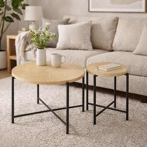 Covey 2Pc Coffee and End Table Set | Radial Pattern | Light Oak Top