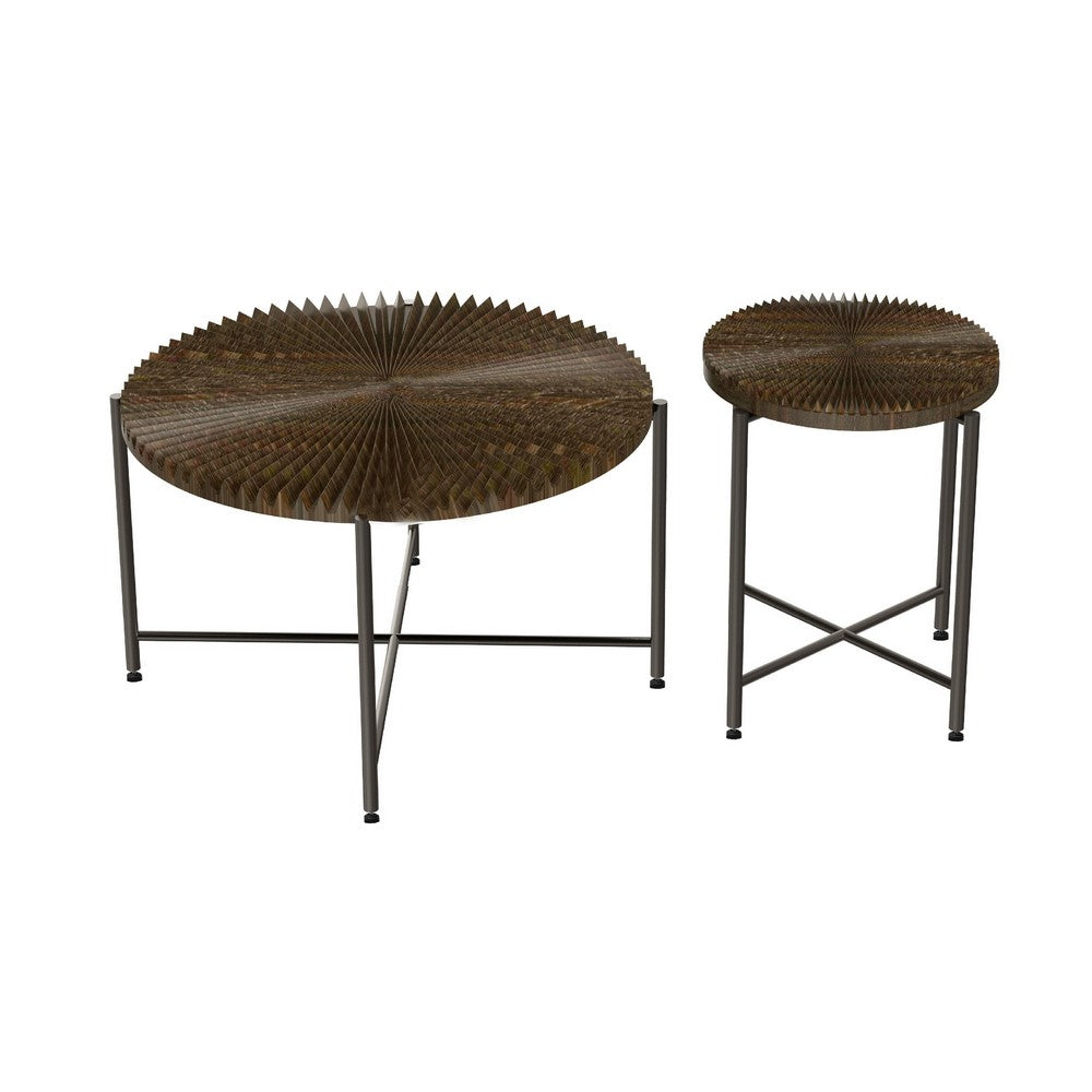 Covey 2Pc Coffee and End Table Set with Radial Pattern | Walnut Wood