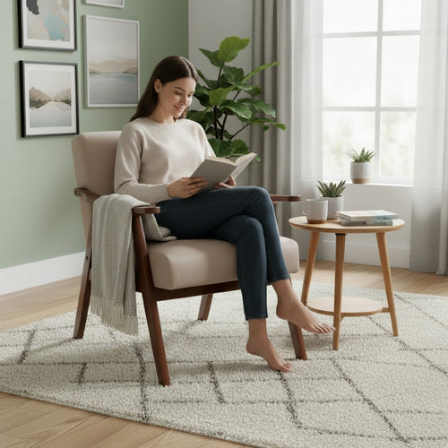 Ryno Mid-Century Accent Chair | Natural Wood Frame | Camel Microfiber