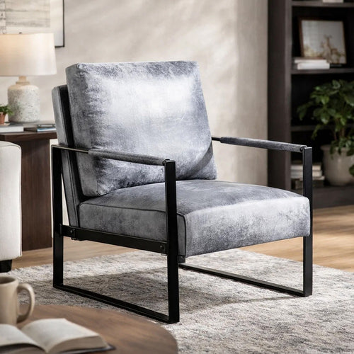 Kriya Accent Lounge Arm Chair with Black Metal Frame | Gray Microfiber