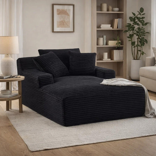 Cline Oversized Chaise Lounge Chair with 2 Pillows | Black Corduroy