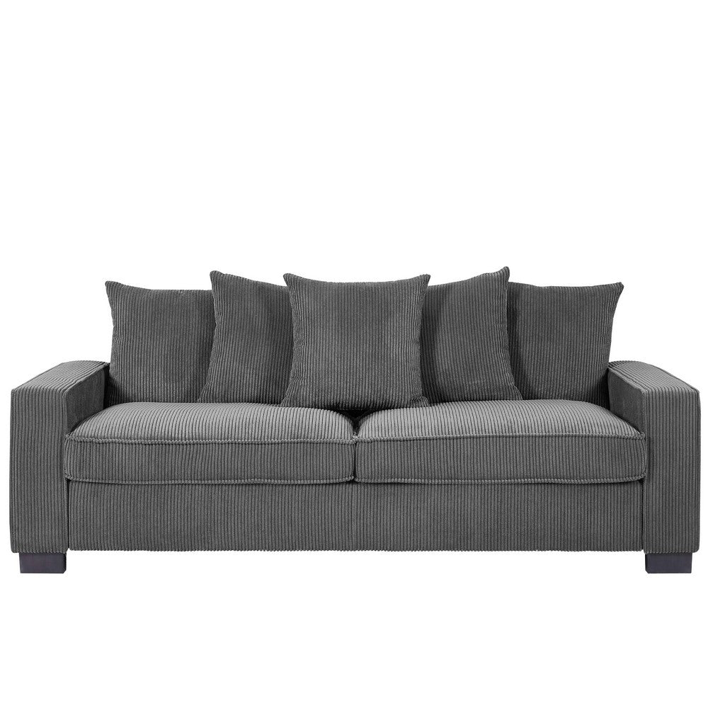 Gina Rectangular 3-Seater Sofa with 5 Toss Pillows | Gray Corduroy 88"