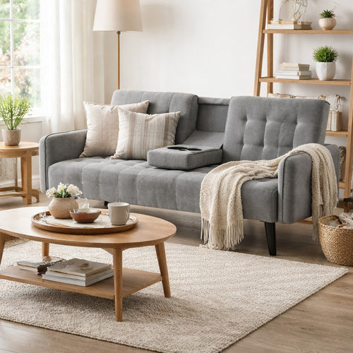 Eloise Convertible Sleeper Sofa-Bed with Cup Holder Table | Gray Linen 72"