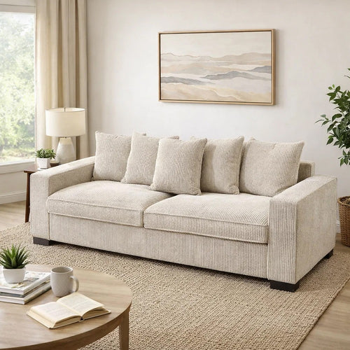 Gina Rectangular 3-Seater Sofa with 5 Toss Pillows | Ivory Corduroy 88"