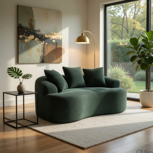 Anvy Loveseat Sofa with 3 Accent Pillows | Curved Frame | Green Corduroy 65"