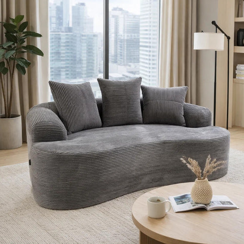 Anvy Loveseat Sofa with 3 Accent Pillows | Curved Frame | Gray Corduroy 65"