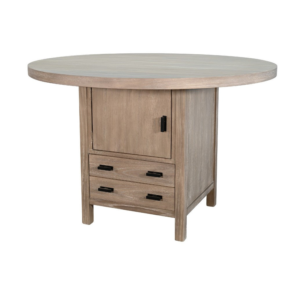 54" Round Counter Table w Storage Cabinet, 2 Drawers | Wheat Brown Wood