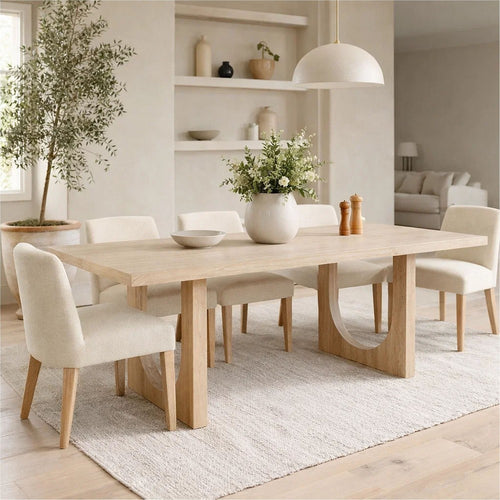 Riz Dining Table | U-Shape Pedestals | Oak Brown Gray Wood | 78" Rectangular