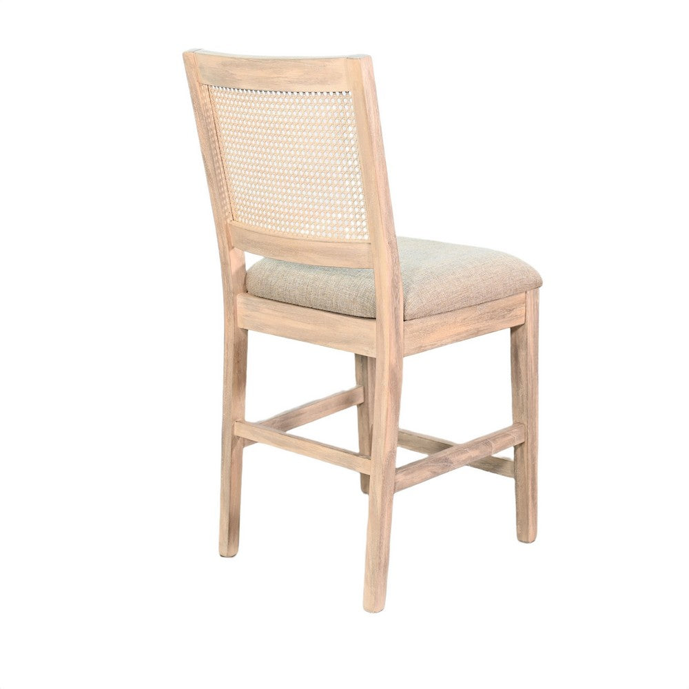 Counter Stool Chair Set of 2 | Cane Back | Gray Fabric Cushion | Wheat Brown Wood
