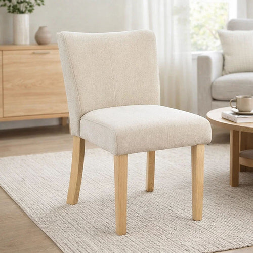Dining Side Chair Set of 2 | Curved Back | Ivory Cushions | Oak Brown Wood