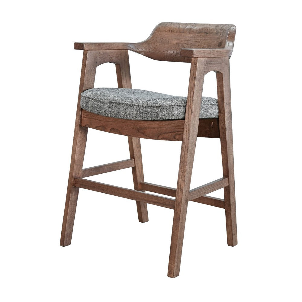 Reno Counter Stool Chair Set of 2 | Curved Back | Gray Cushion | Brown Wood