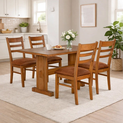 Marv 5pc Dining Table Set | Ladder Back Padded Chairs | Rustic Oak Brown