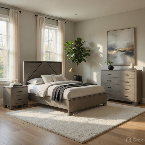 Queen Size Bedroom Set, Gray Finish, Panel Headboard, 4-Piece Set with Bed, 2 Nightstands and Dresser