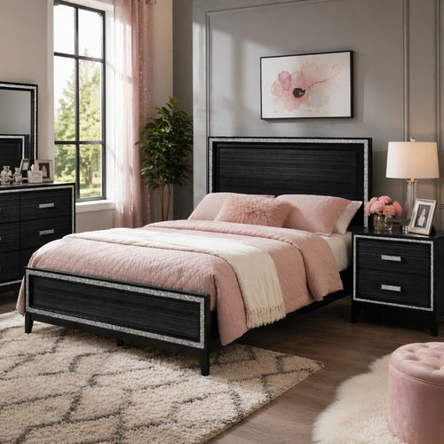 Queen Size Bedroom Set, Black Finish, 2-Piece Set with Bed and Nightstand