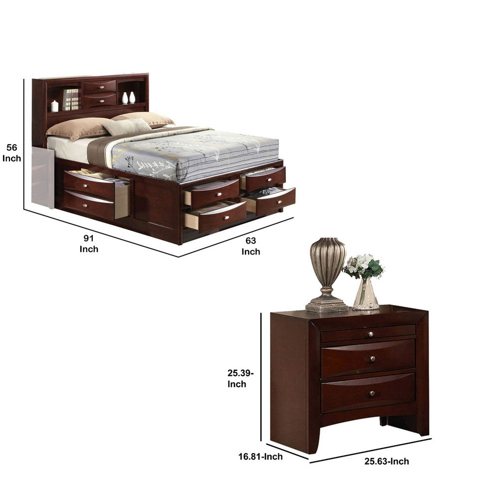 Queen Size Bedroom Set, Brown Finish, Panel Design, 3-Piece Set with Bed and Two Nightstands