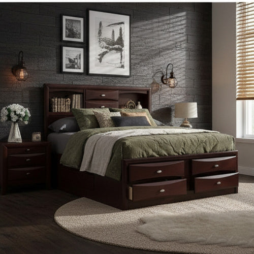 Queen Size Bedroom Set, Brown Finish, Panel Design, 3-Piece Set with Bed and Two Nightstands