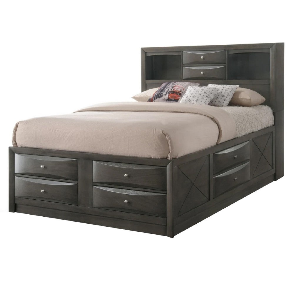 Queen Size Bedroom Set, Wood Design, Gray Finish, 5-Piece Set with Bed, 2 Nightstands, Dresser and Mirror