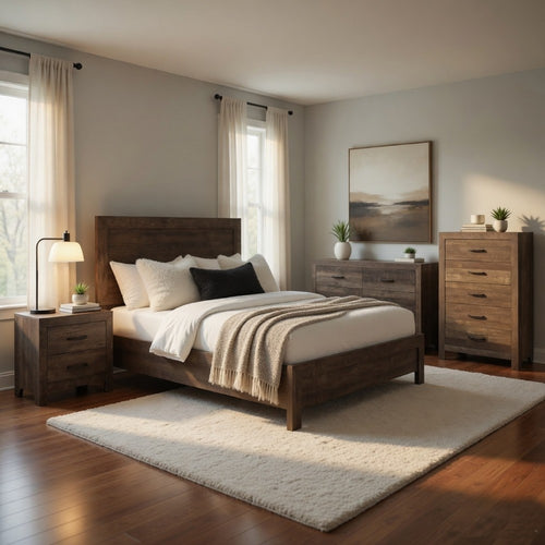 Queen Size Bedroom Set, Brown Finish, Panel Design, 4-Piece Set with Bed, Nightstands, Dresser and Chest