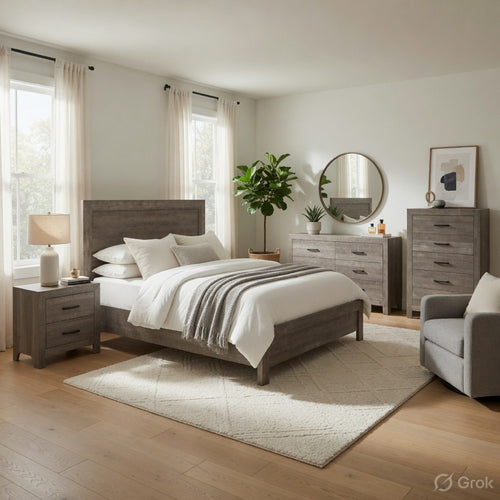 Full Size Bedroom Set, Gray Finish, 5-Piece Set with Bed, Nightstand, 2 Dressers and Mirror