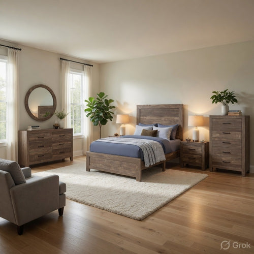Full Size Bedroom Set, Brown Finish, Panel Design, 5-Piece Set with Bed, Nightstand, Dresser, Mirror and Chest