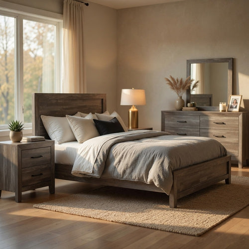California King Bedroom Set, Farmhouse Style, Gray, 5 Piece Set with 2 Nightstands, Dresser, and Mirror