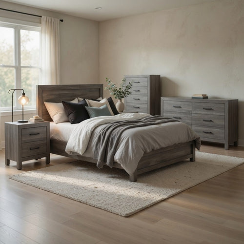 California King Bedroom Set, Farmhouse Style, Gray, 5 Piece Set with 2 Nightstands, Dresser, and Chest