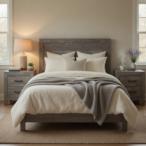 California King Bedroom Set, Farmhouse Style, Gray, 3 Piece Set with 2 Nightstands