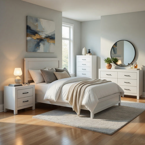 Full Bedroom Set, Farmhouse Style, Black, White, 4 Piece Set with Nightstand, Dresser, and Chest