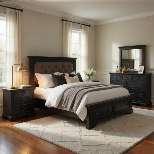 Queen Bedroom Set, Drawer Storage, Gray, 5 Piece Set with 2 Nightstands, Dresser, and Mirror