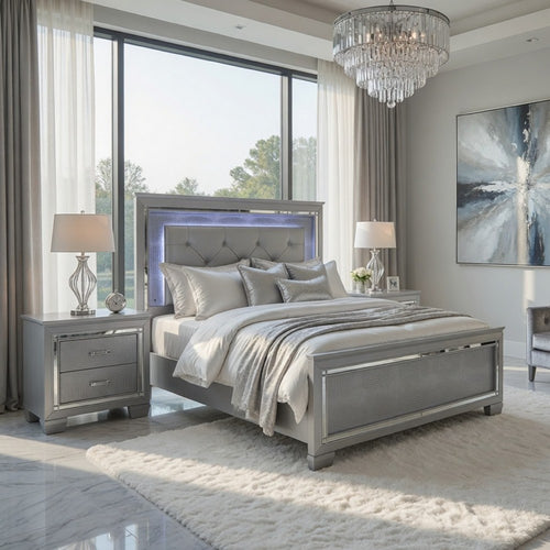 Queen Bedroom Set, Drawer Storage, Gray, 3 Piece Set with 2 Nightstands