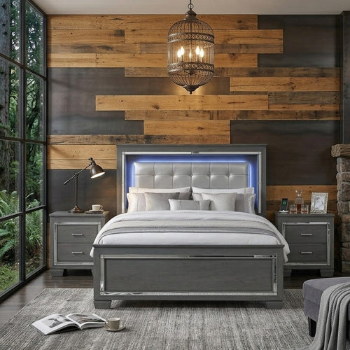 Queen Bedroom Set, Drawer Storage, Gray, 3 Piece Set with 2 Nightstands