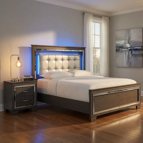 Queen Bedroom Set, Drawer Storage, Gray, 2 Piece Set with Nightstand