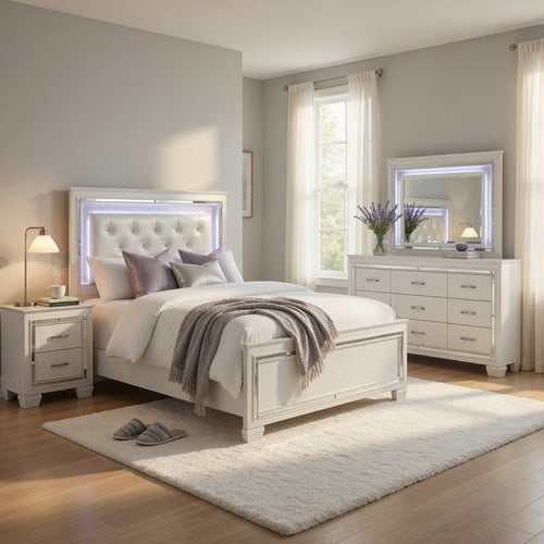 California King Bedroom Set, Drawer Storage, White, 5 Piece Set with 2 Nightstands, Dresser, and Mirror
