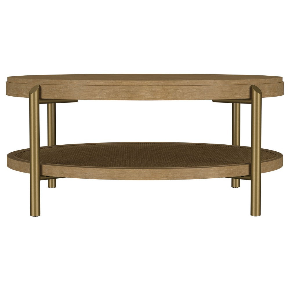 Fij Coffee Table | Natural Rattan Shelf | Brass Metal | Brown Wood 41"