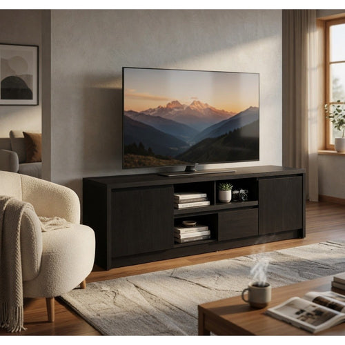 Winie TV St& Media Console | 2 Doors & Drawers | Black Wood 78"