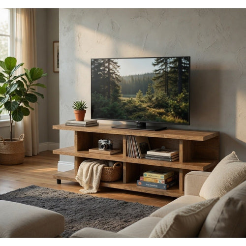 Carie TV St& Media Console | 2-Tier Open Shelves | Brown Wood 78"