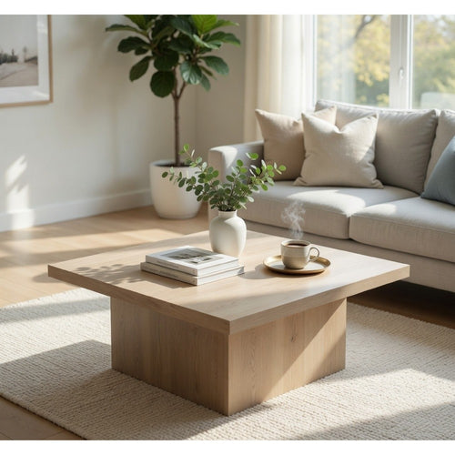 Darla Square Coffee Table with Block Style Base | Brown Wood 36"