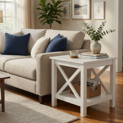 Yuzie Side End Table with Open Shelf | X-Side Frame | White Wood 20"