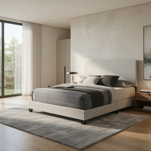 Desy Queen Panel Bed | Foam Headboard | Cream Upholstery | Modern Black