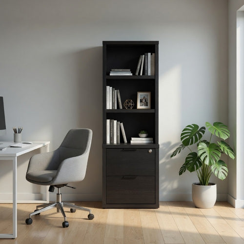 Park Bookcase with 3 Open Shelves | 2 Drawers | 61" Black Wood